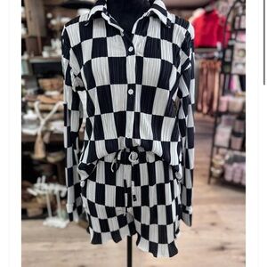 Black and White Checkered Button-Up Shirt and Shorts Set